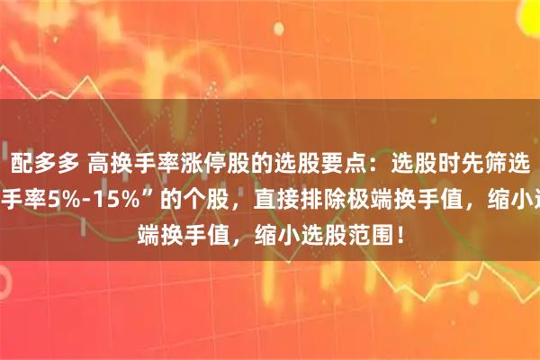 配多多 高换手率涨停股的选股要点：选股时先筛选“涨停 换手率5%-15%”的个股，直接排除极端换手值，缩小选股范围！